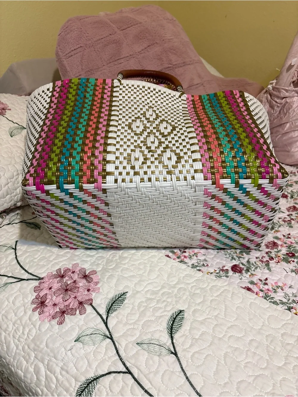 Woven Multicolor Tote Bag with Brown Handles